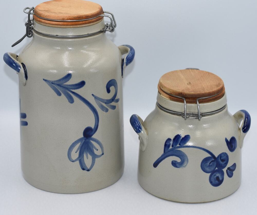 Gerzit Gerz German Cobalt Blue Salt Glaze Lidded Stoneware Set Handgemalt Crocks